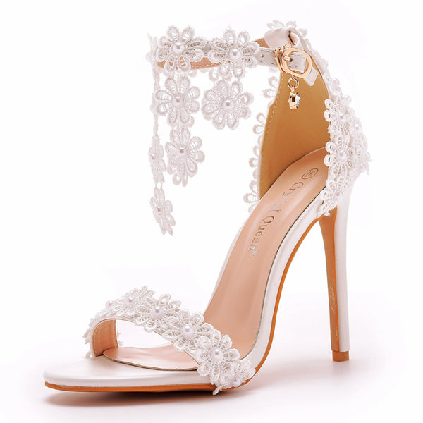 Open Toe White Flower Lace Ankle Wrap Strap Ultra High Heels