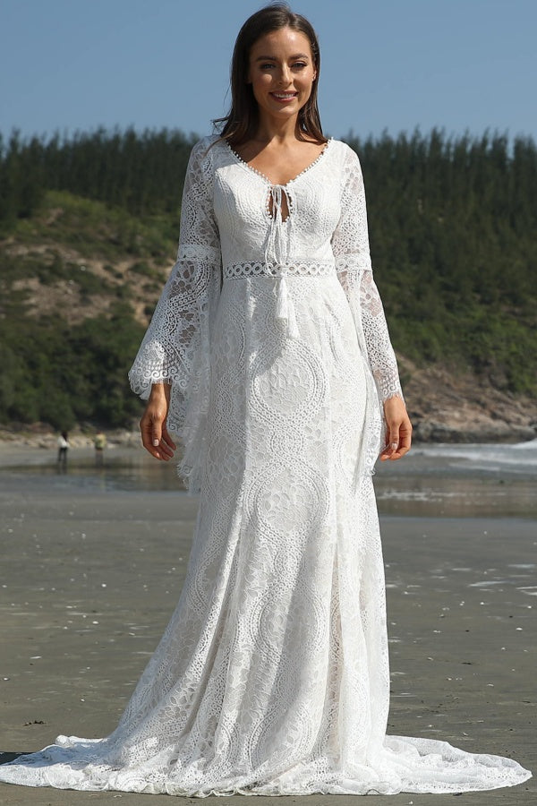 A-Line V Neck Long Bell Sleves Backless Back Zipper Fully Lace Boho Wedding Wedding Dress Beach Bride Gown