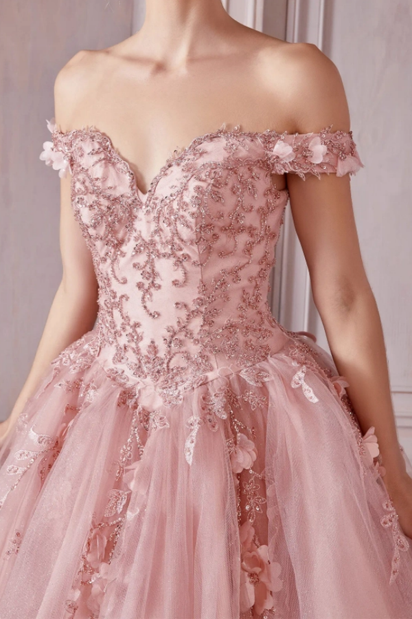 Chic & Cute Ball Gown Off Shoulder Sleeveless Beaded 3D Flower Appliques Lace Up Pink Tulle Quinceanera Dress Birthday Party Gown for Sweet 16