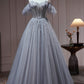 Chic Dusty Blue Beading Off The Shoulder A Line Tulle Long Prom Dresses