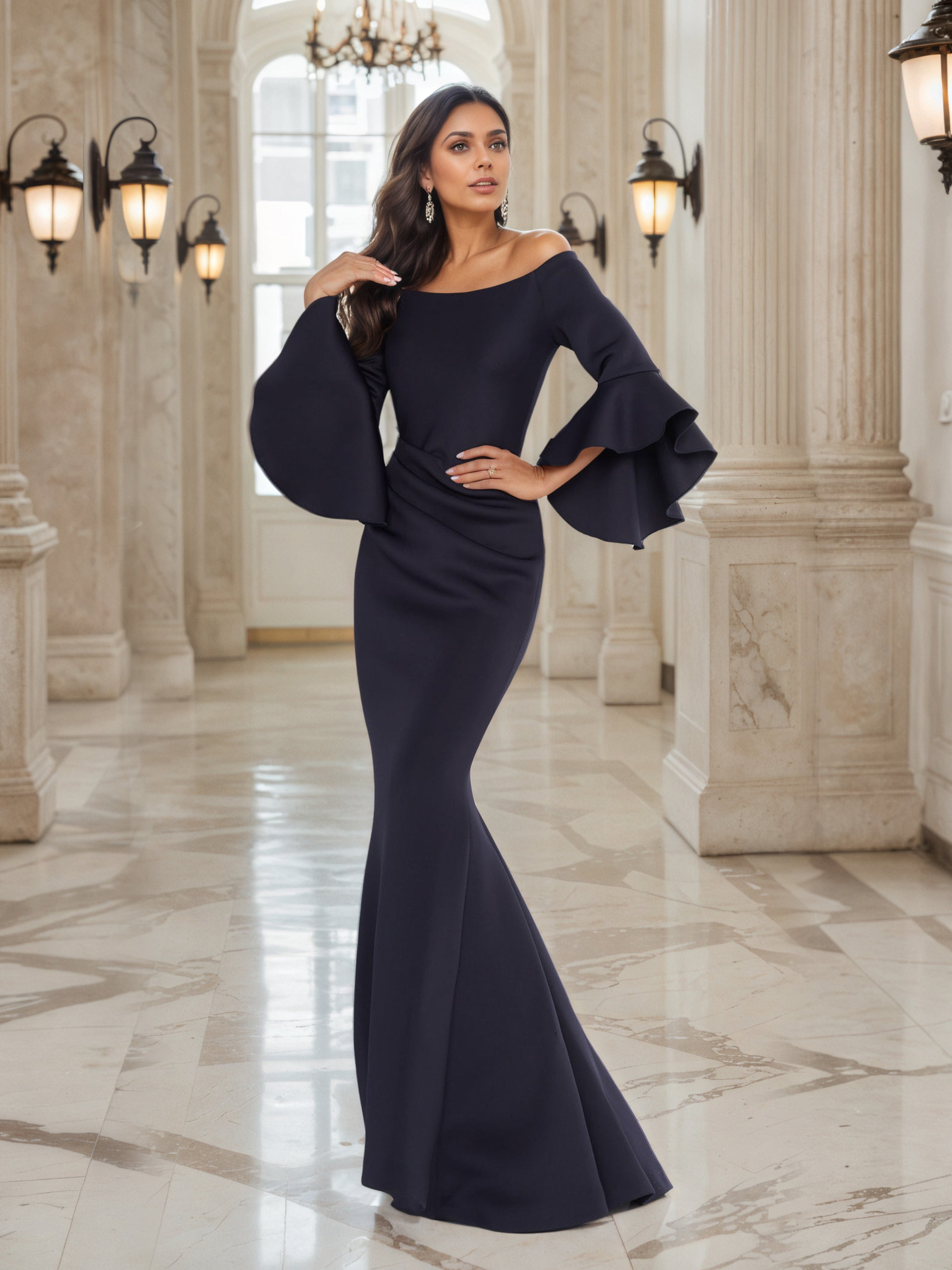 Dark Navy Mermaid Mother of the Bride Dress with Off-the-Shoulder Design and Bell Sleeves