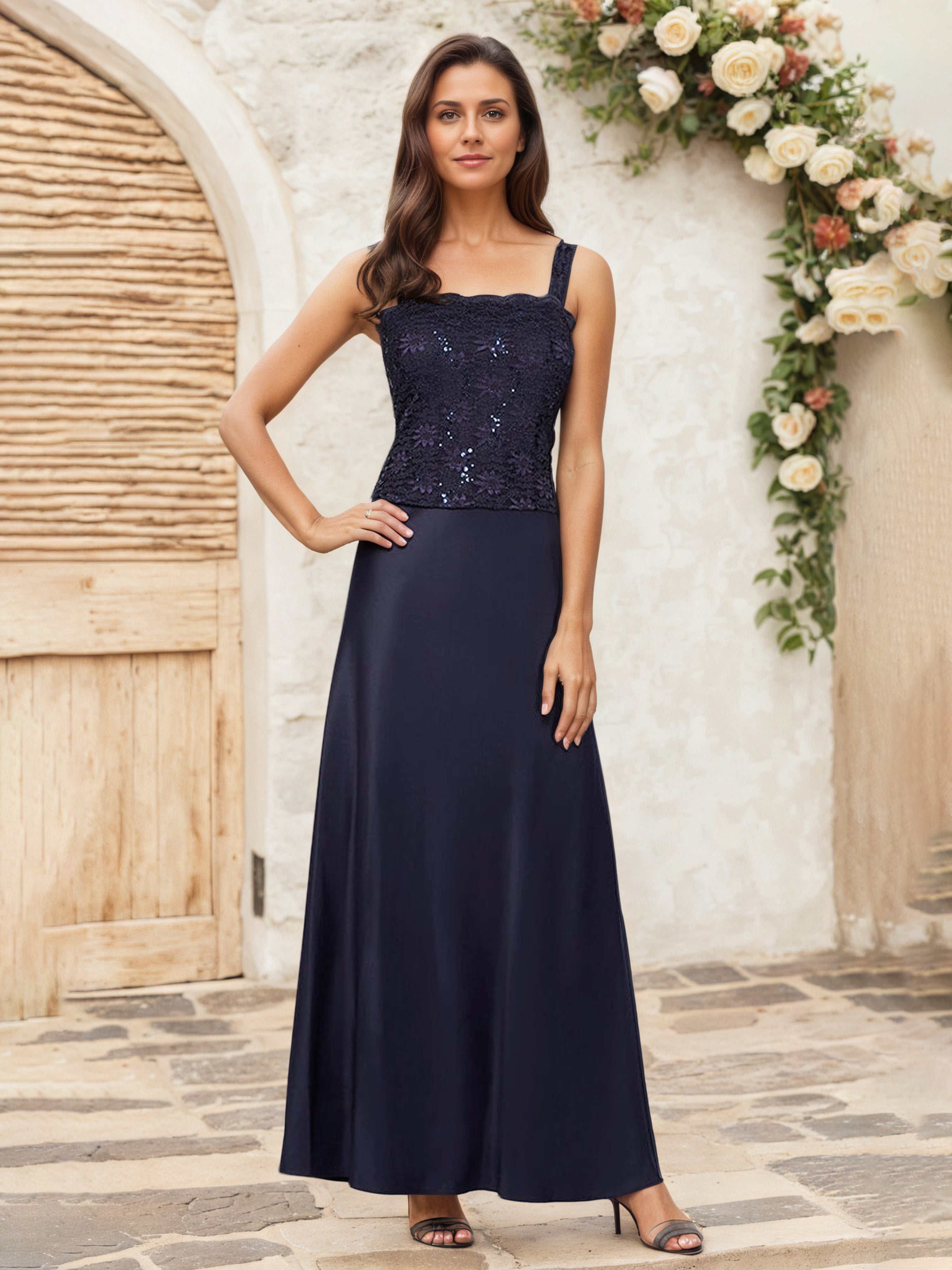Dark Navy Mother Of The Bride Dress A Line Lace Bodice Satin Dress with 3/4 Sleeve Lace Jacket