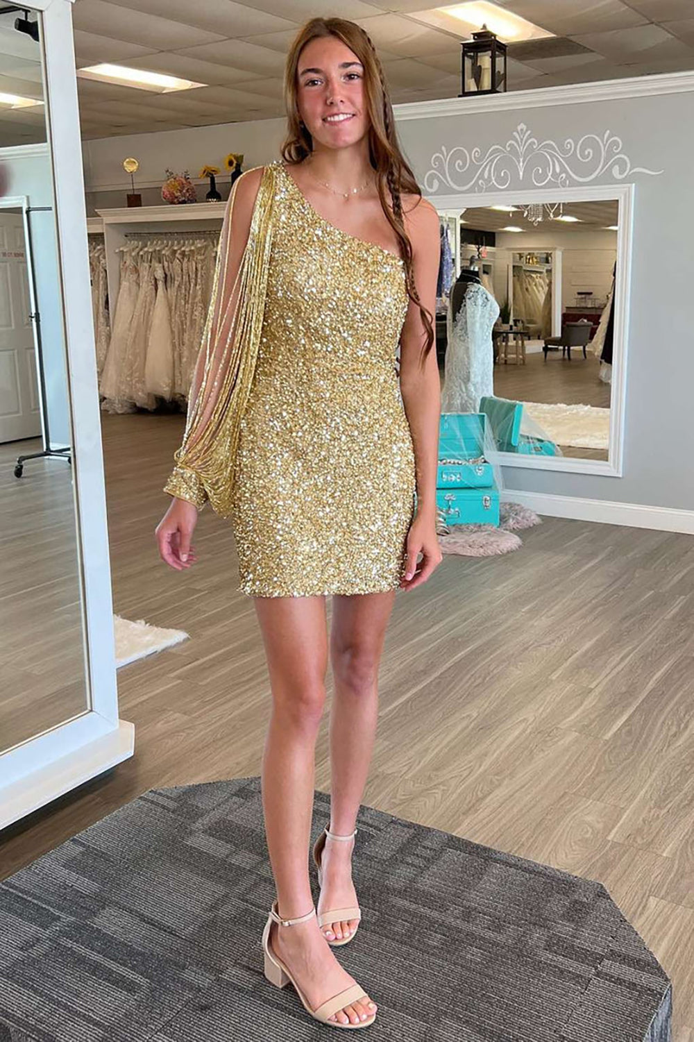 Sparkly Gold One Shoulder Sequins Short Homecoming Dresses