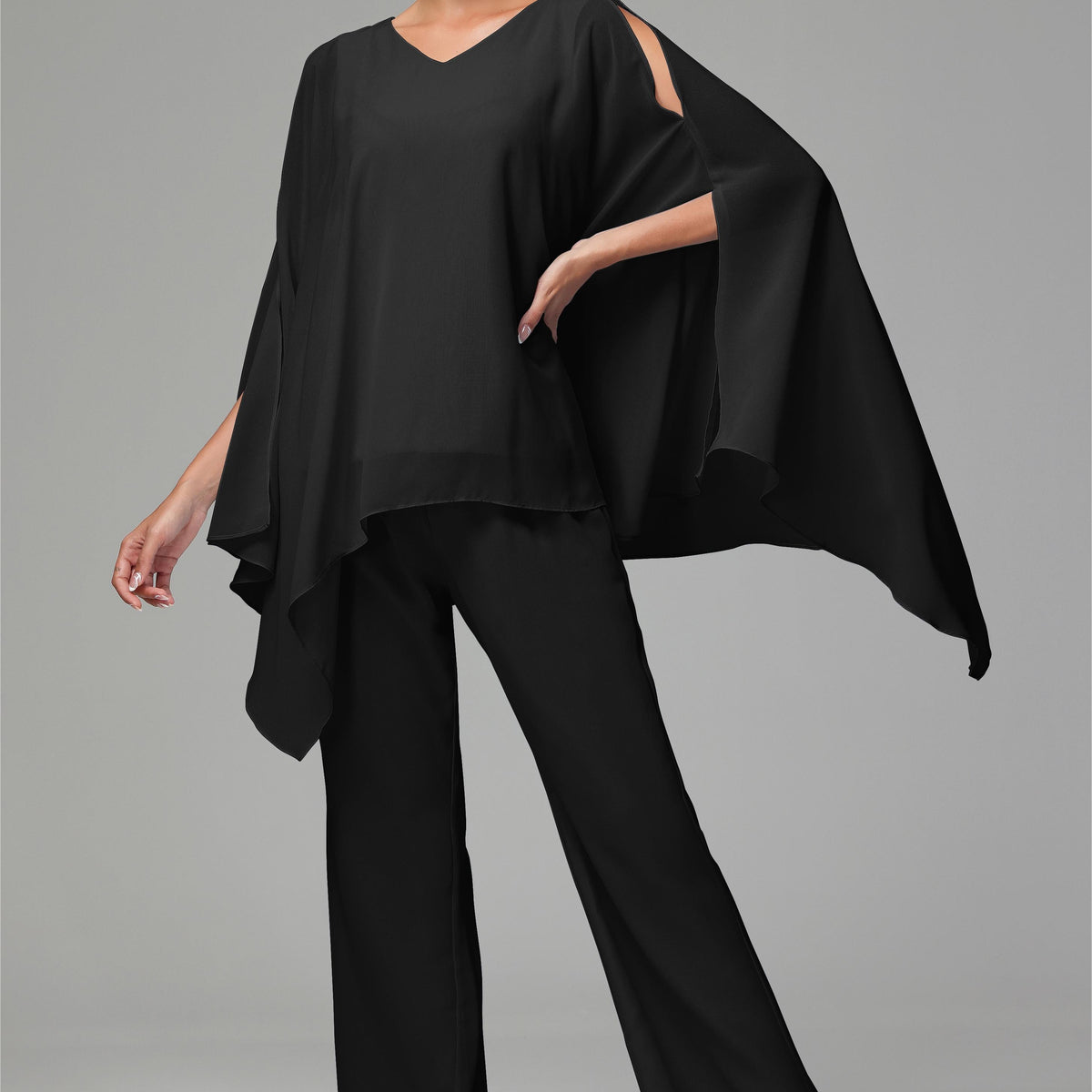 2 Pieces Flowy Split Sleeves Chiffon Mother of The Bride Dress Pants Suits