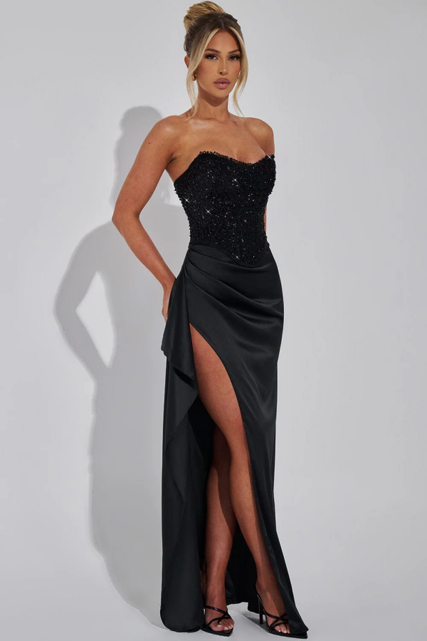 Classic & Simple Sheath Strapless Sleeveless Pleated Beaded Sequins High Side Slit Floor Length Prom Dresses Dress Formal Evening Gown Cocktail Dress