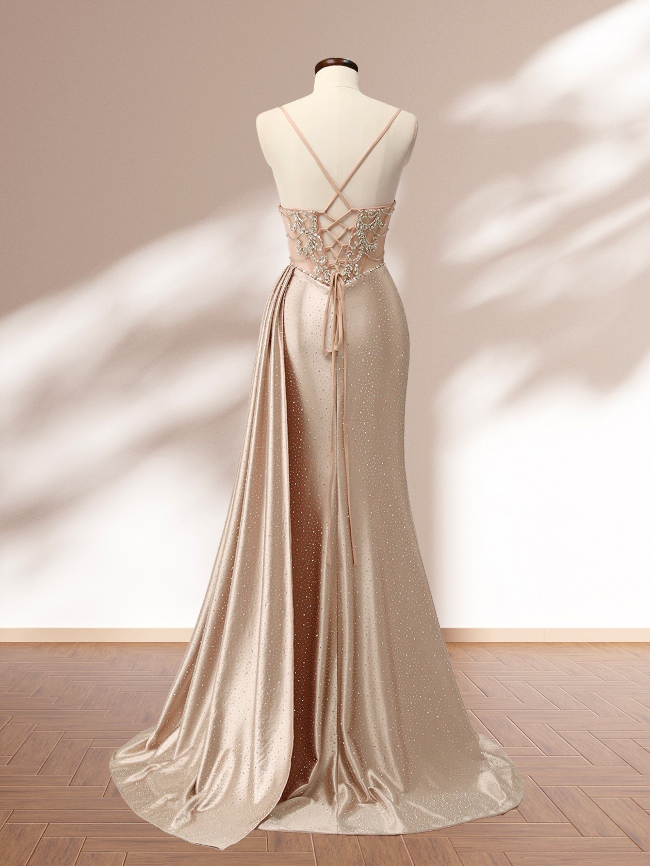 Luxury Lace Embroidery Crystal Mermaid Prom Dress With Waist Drop - Champagne