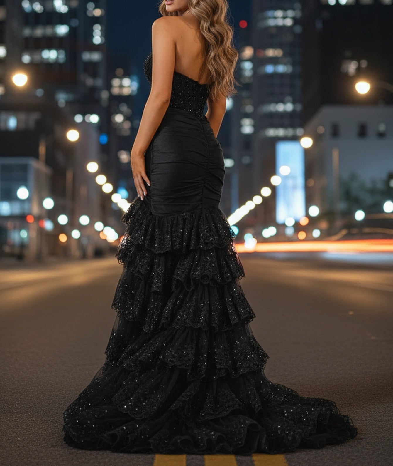 Sparkly Lace Boned Mermaid Prom Dress With Ruffle - Black