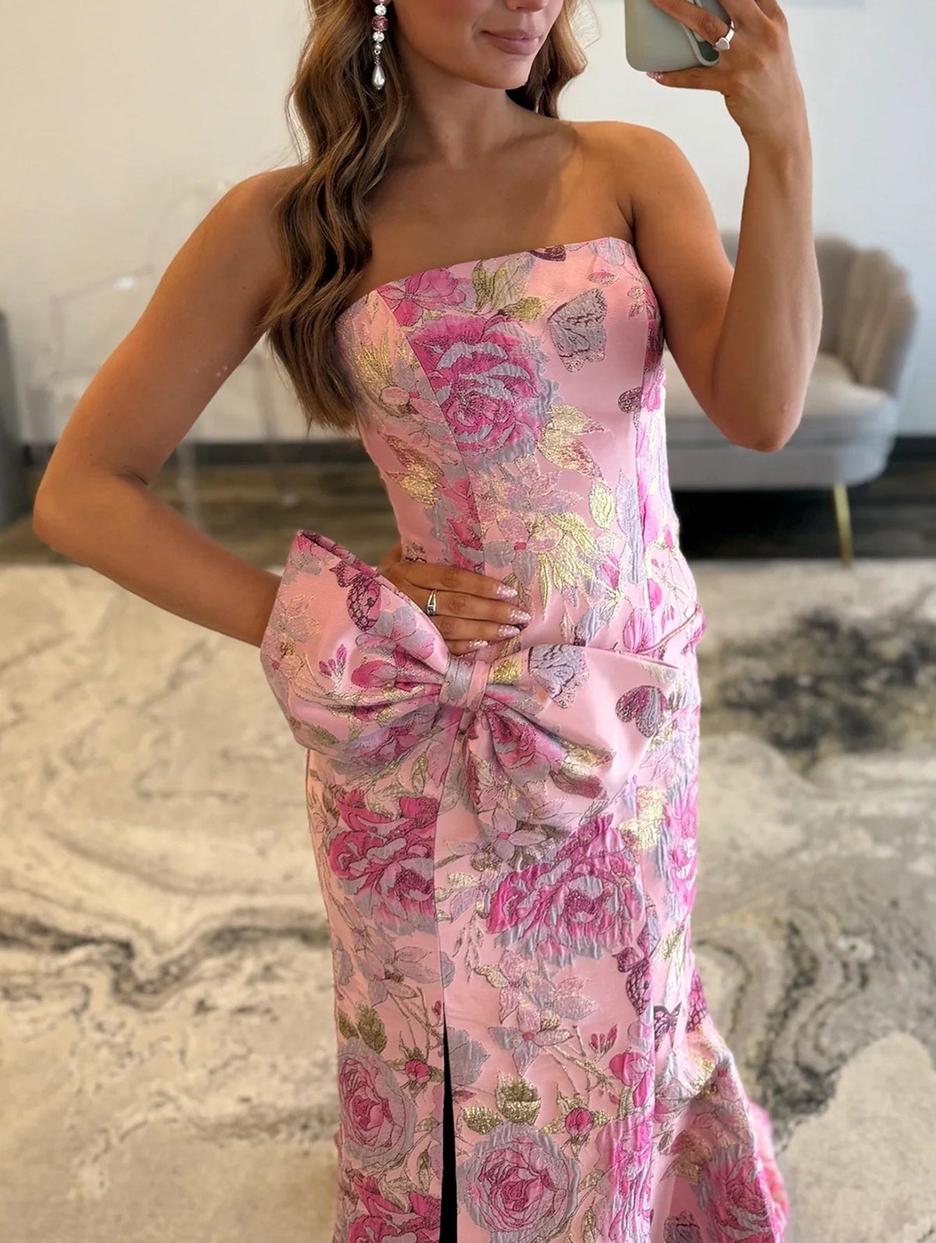 big mermaid prom dresses Big Bow Flower Embroidery Mermaid Prom Dress With Split