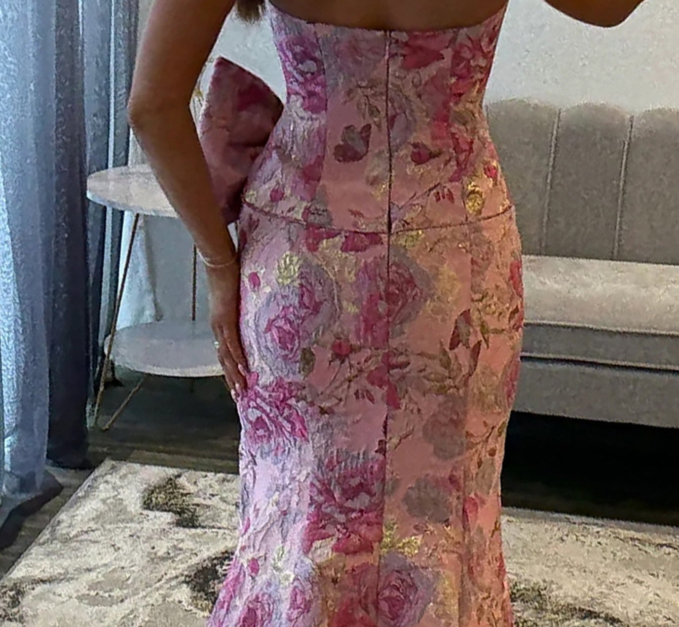 Big Bow Flower Embroidery Mermaid Prom Dress With Split - Pink Floral