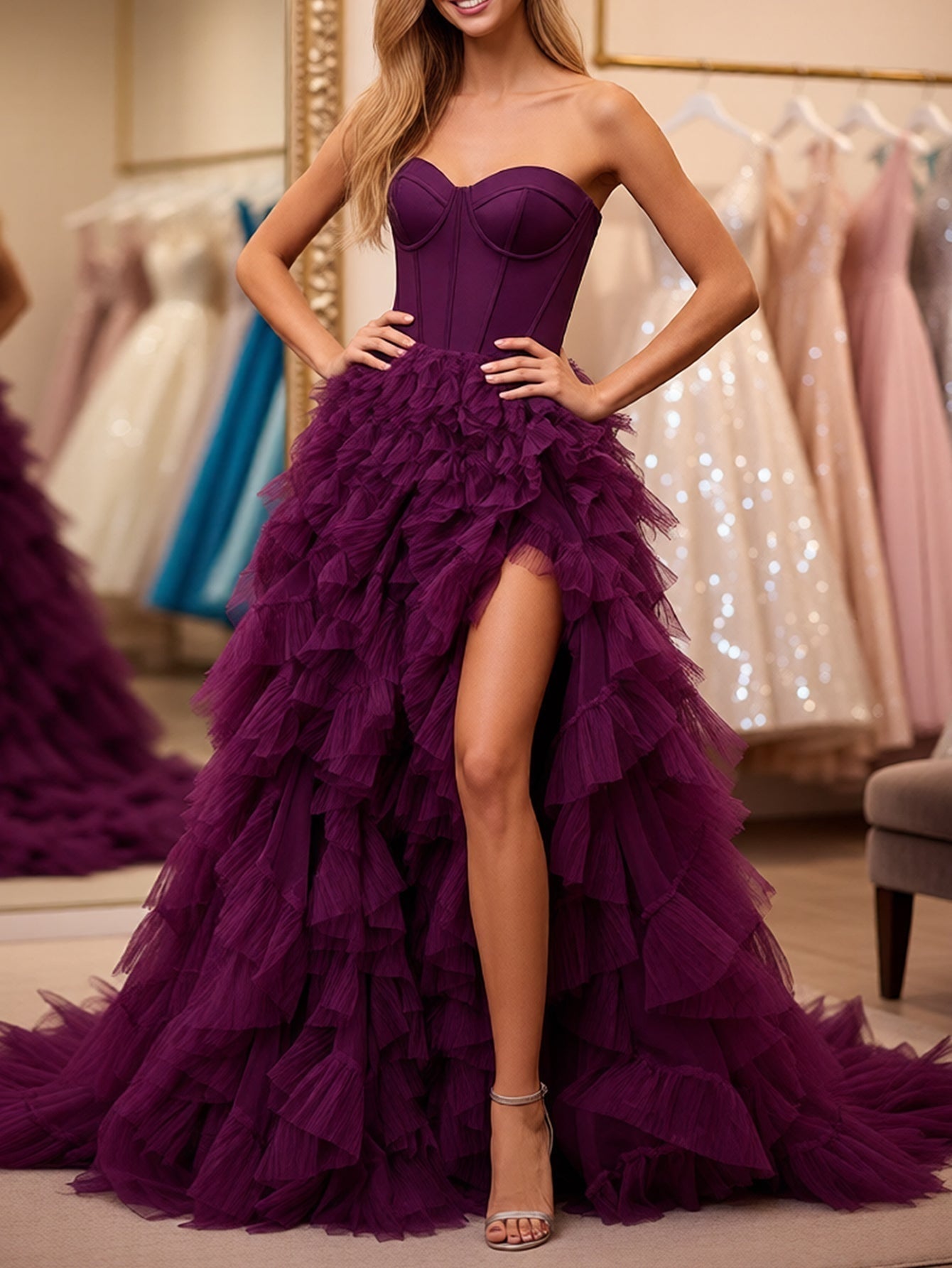 Bodice Layered Ball Gown Prom Dress With Slit - Purple