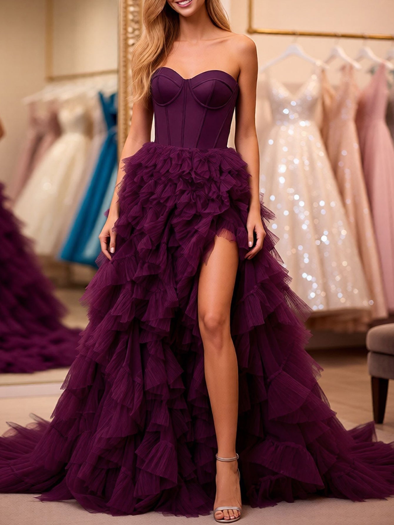 Bodice Layered Ball Gown Prom Dress With Slit - Purple
