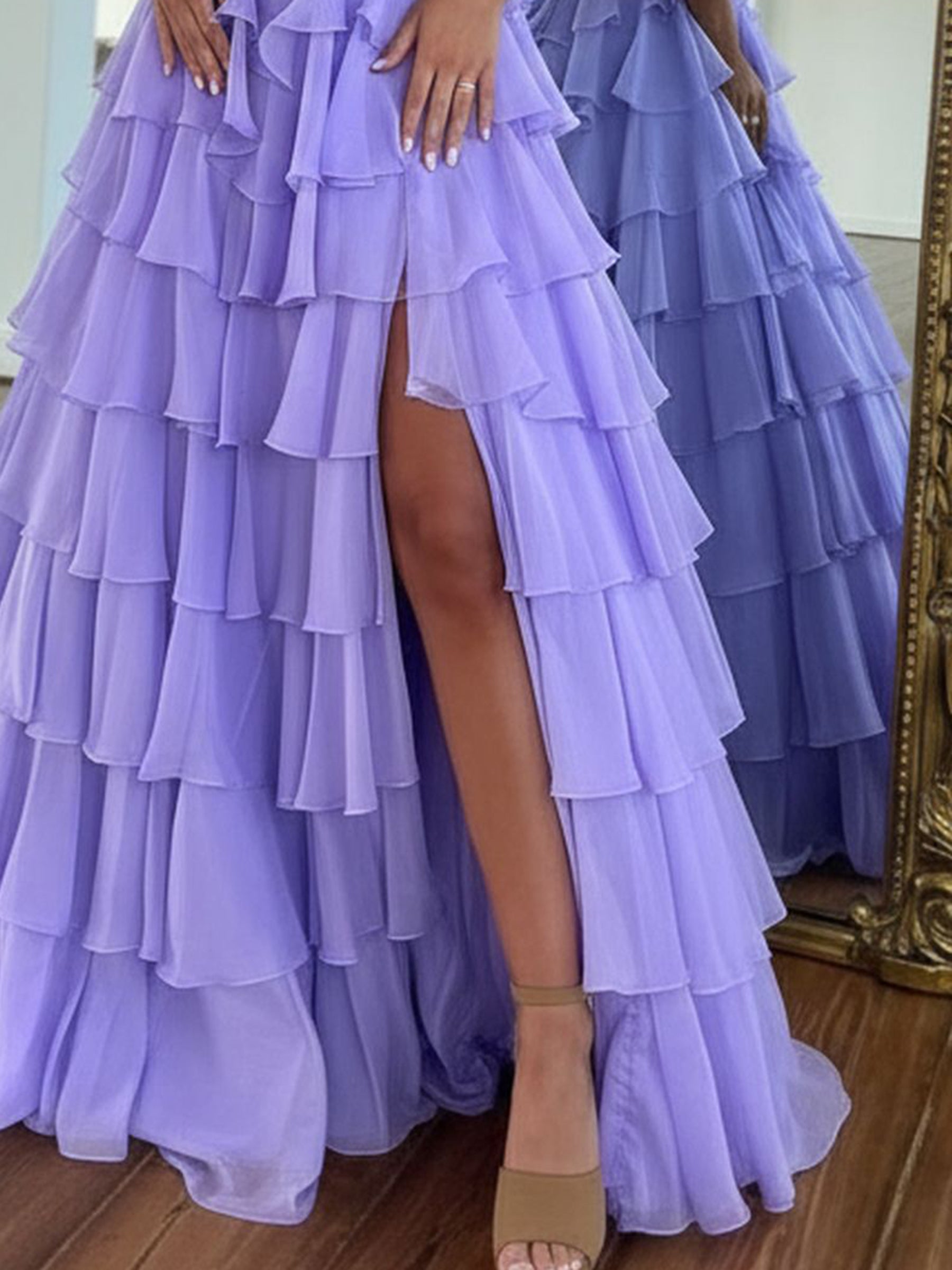 Strapless Boned Bodice Ruffle Chiffon Ball Gown Prom Dress - Lilac