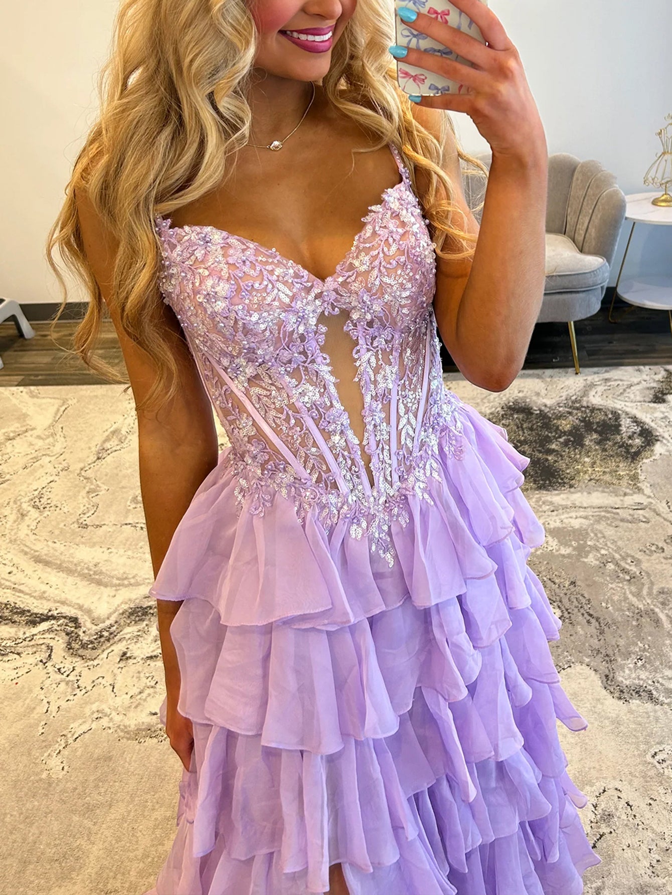Lace Cut Front Boned Ruffled Ball Gown Dress - Lavender