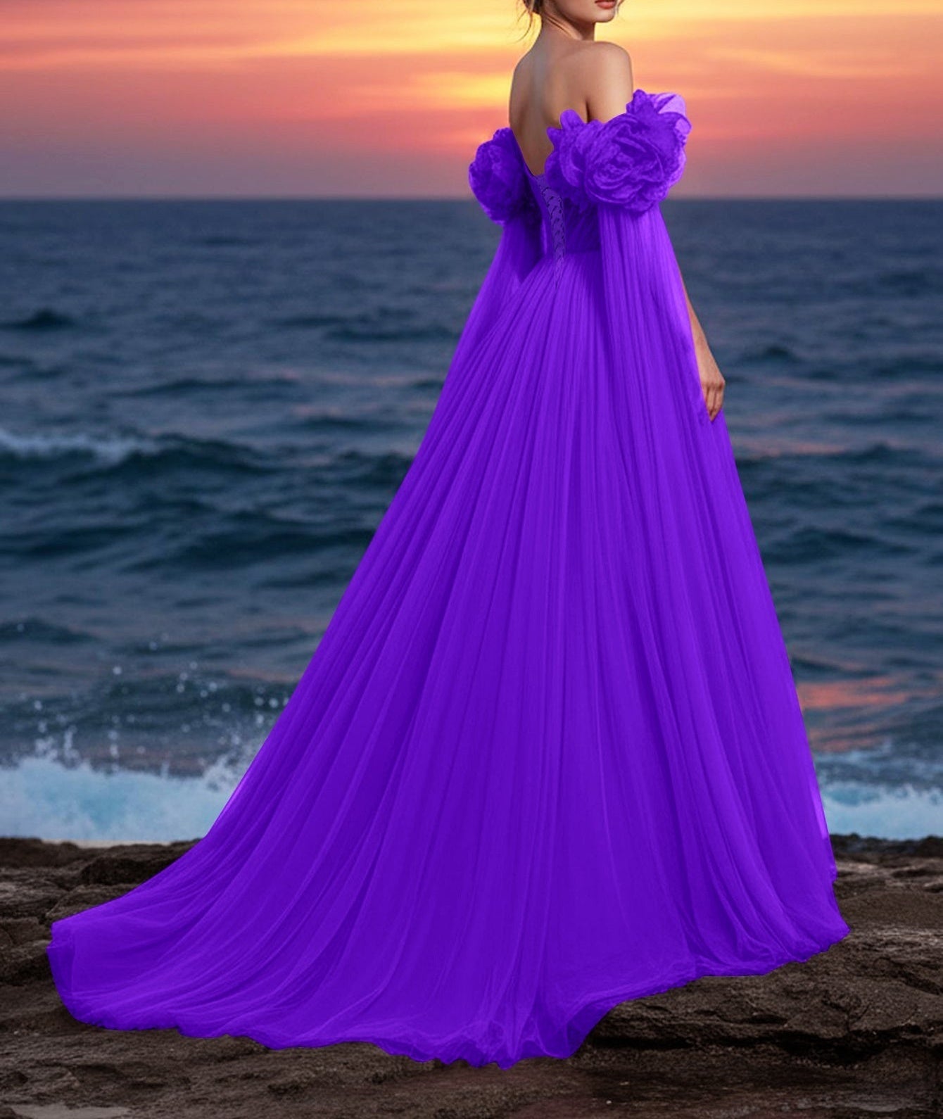 Off Shoulder 3D Rose Ball Gown Evening Dress With Long Sleeve - Purple