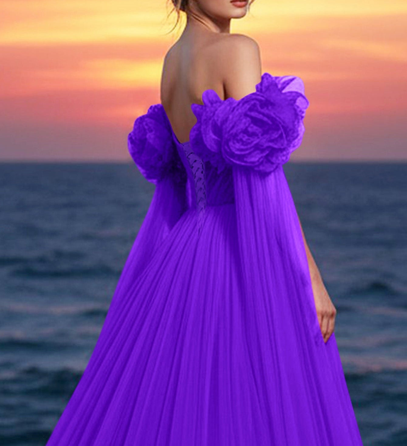 Off Shoulder 3D Rose Ball Gown Evening Dress With Long Sleeve - Purple