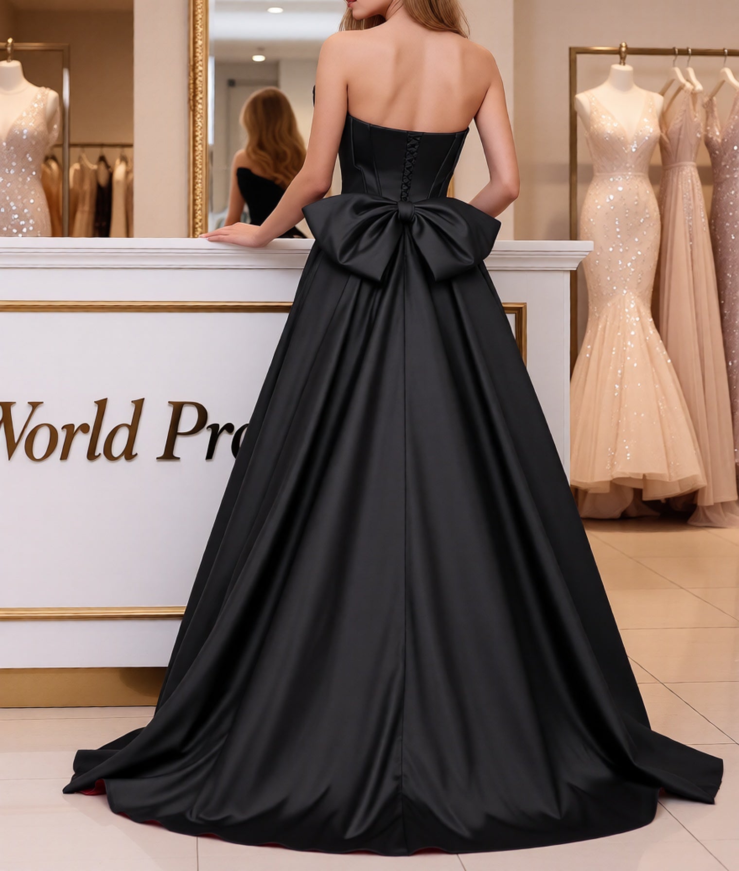 Pleated Bust Ruffle Hem Strapless Satin Prom Ball Gown - Black