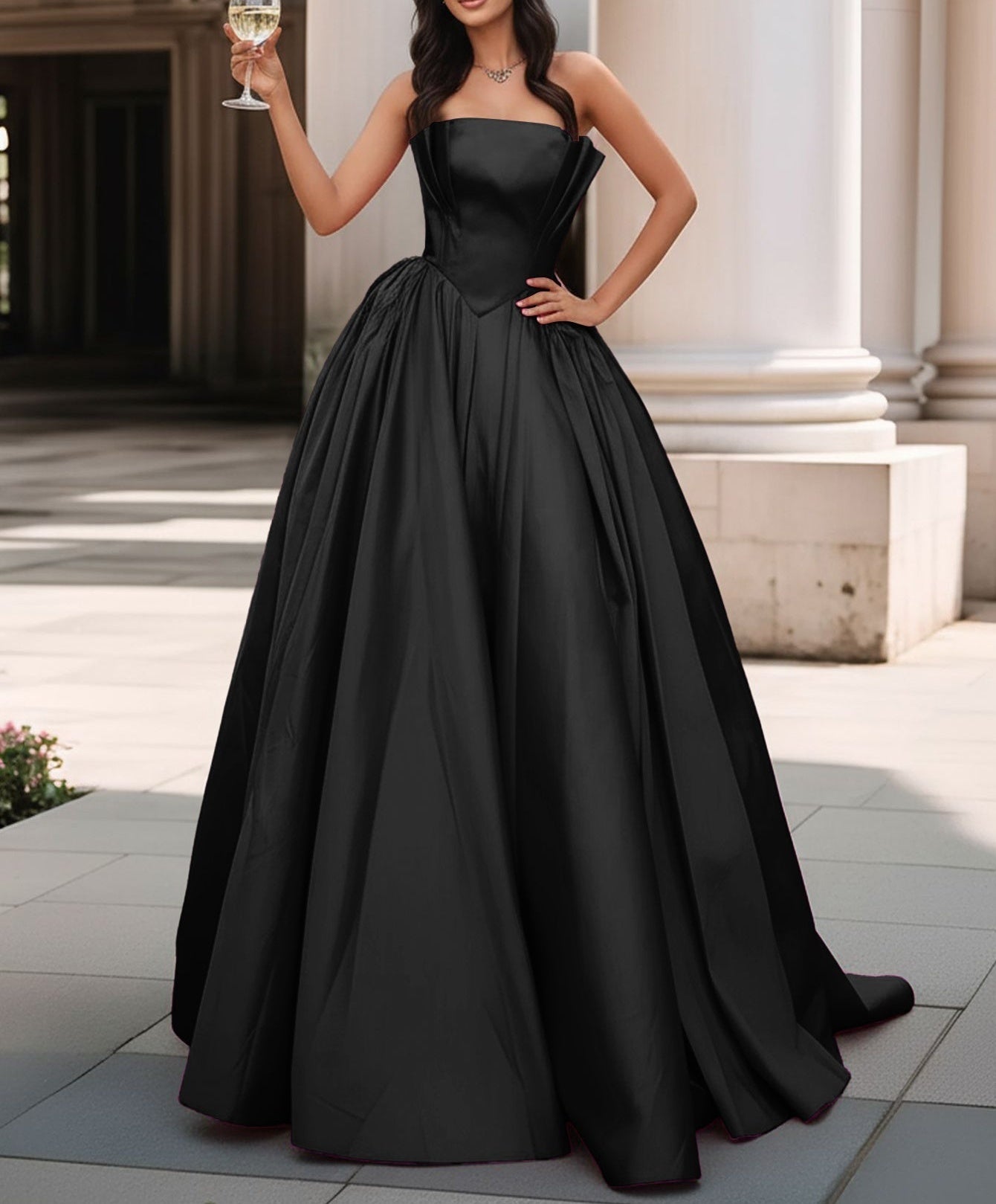 Pleated Bust Ruffle Hem Strapless Satin Prom Ball Gown - Black