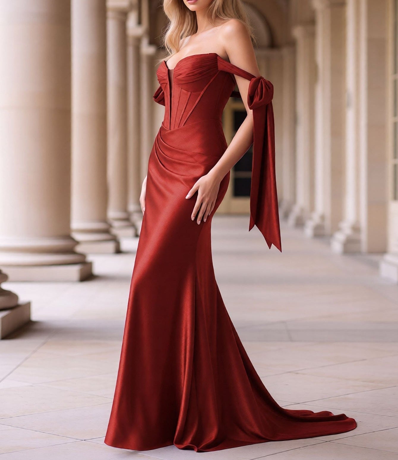 trumpet prom dress Off Shoulder Lace Up Bow Trumpet Prom Dress