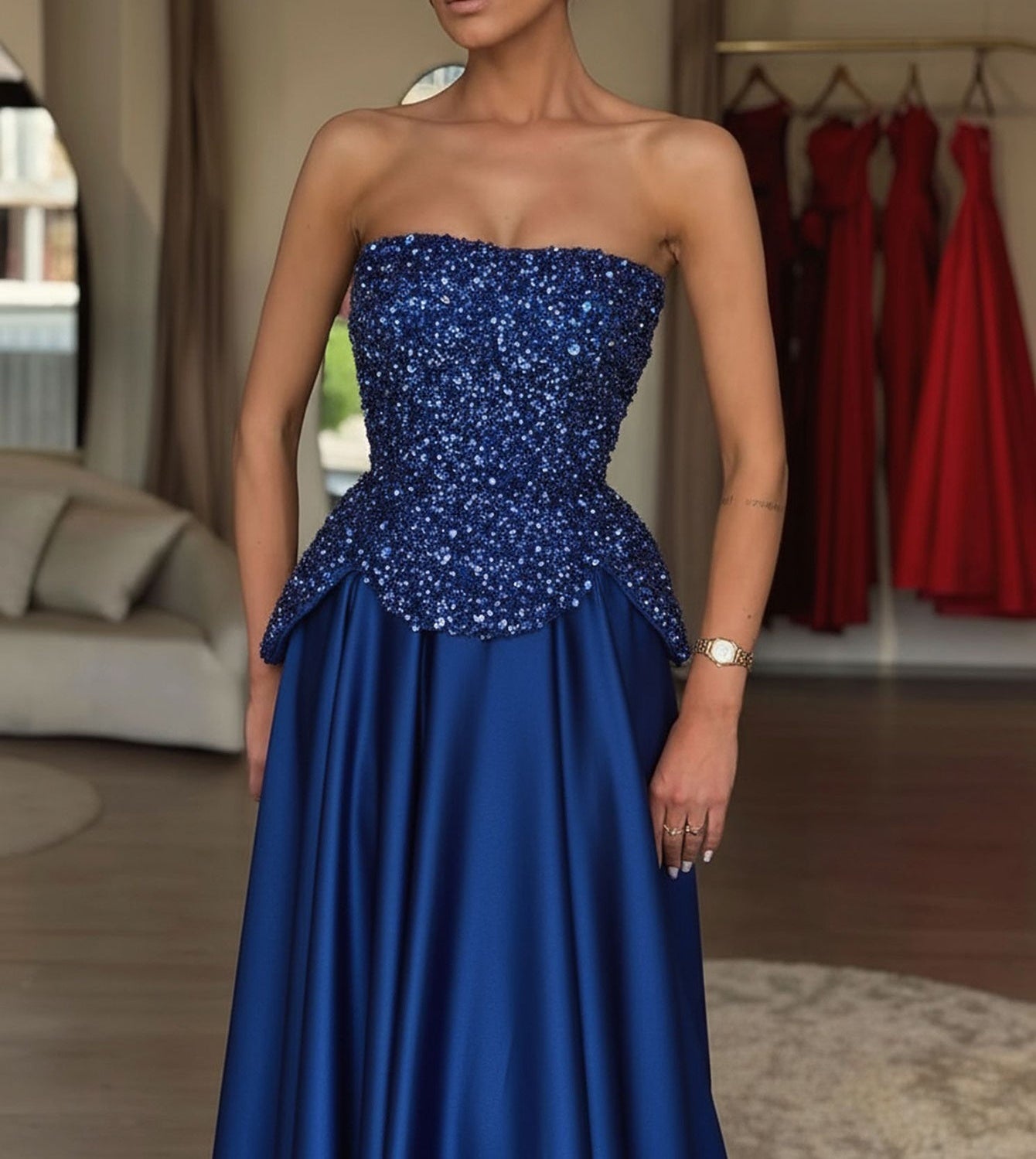 Luxury Two-Piece Sequin Top Satin Skirt Long Prom Dress - Royal Blue