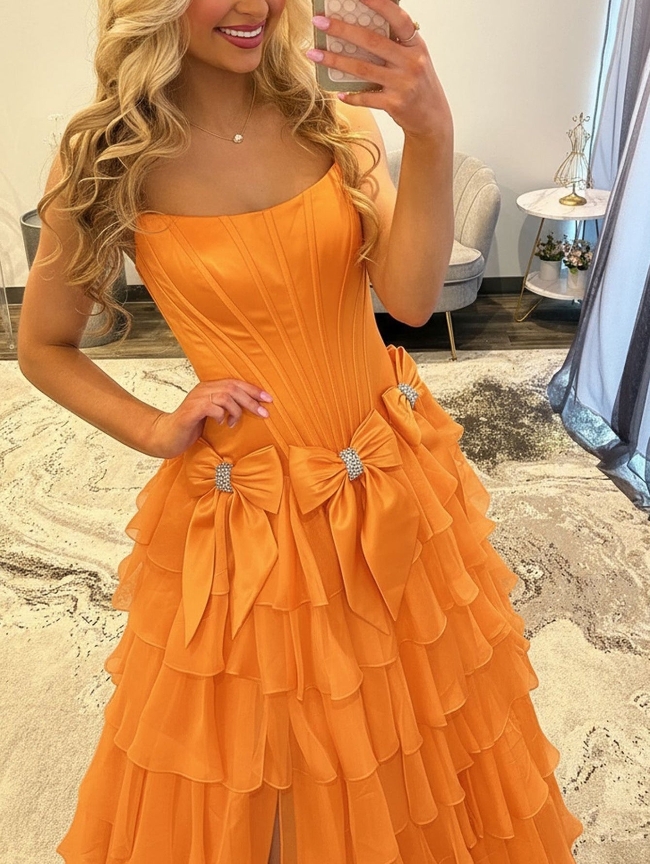 Boned Strapless Tiered Ball Gown Prom Dress Long With Bow - Orange
