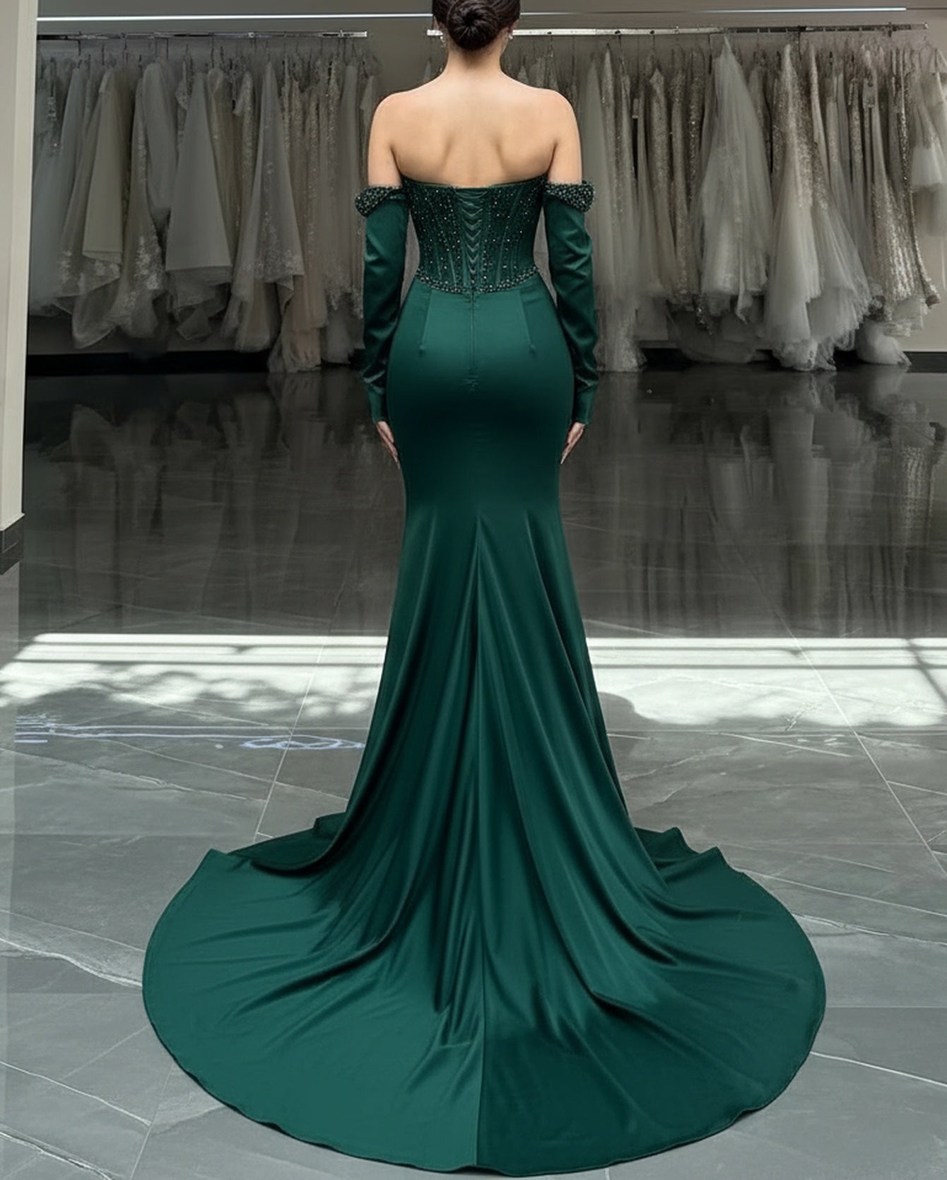 Beading Ruched Bodice Mermaid Prom Dress With Detachable Sleeves - Green