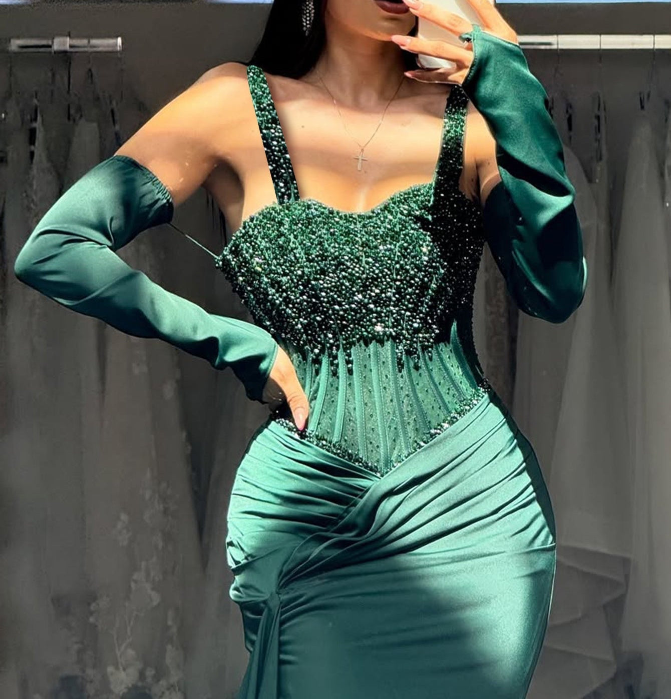 Beading Ruched Bodice Mermaid Prom Dress With Detachable Sleeves - Green
