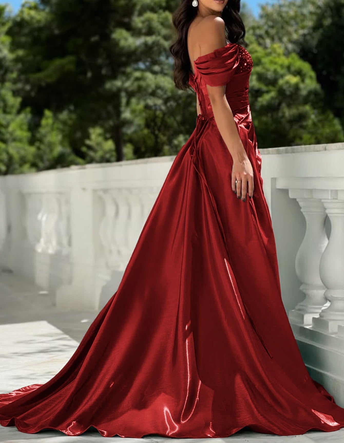 Off Shoulder Sequin Pleated Satin A-Line Prom Dress Long With Split - Red