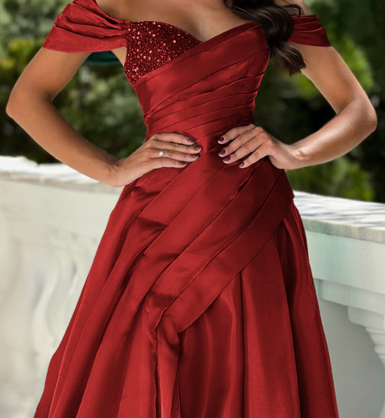 Off Shoulder Sequin Pleated Satin A-Line Prom Dress Long With Split - Red