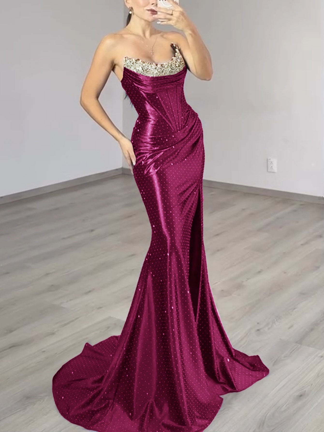 Scoop Neck Satin Long Evening Dress - Fuchsia