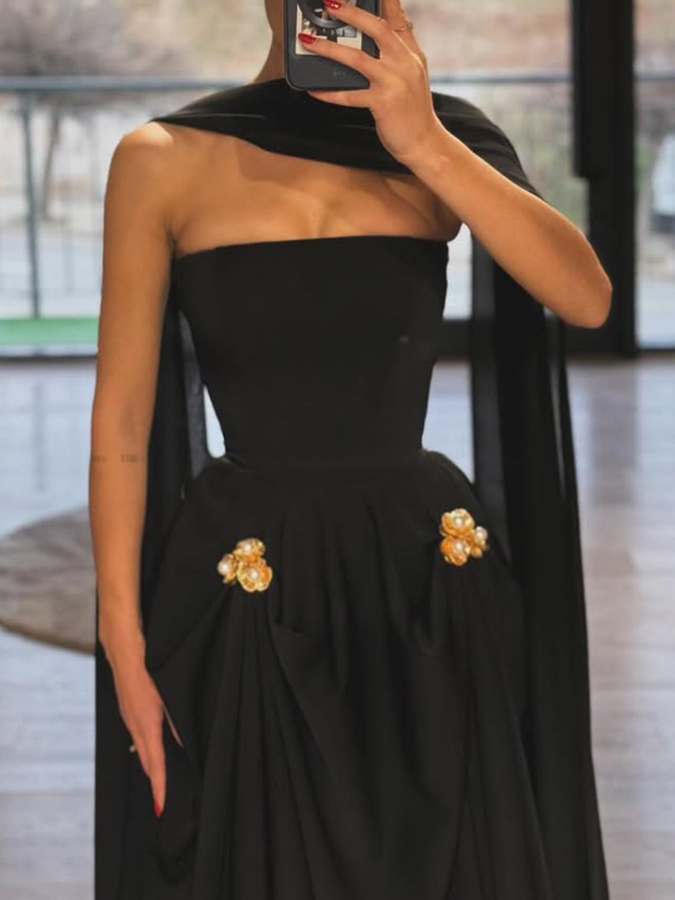 Strapless Ball Gown Prom Dress With Shawl - Black
