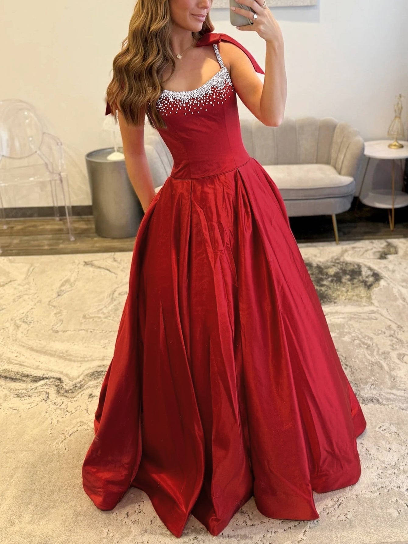 Hand Beading Bodice Ball Gown Prom Dress With Bows - Red