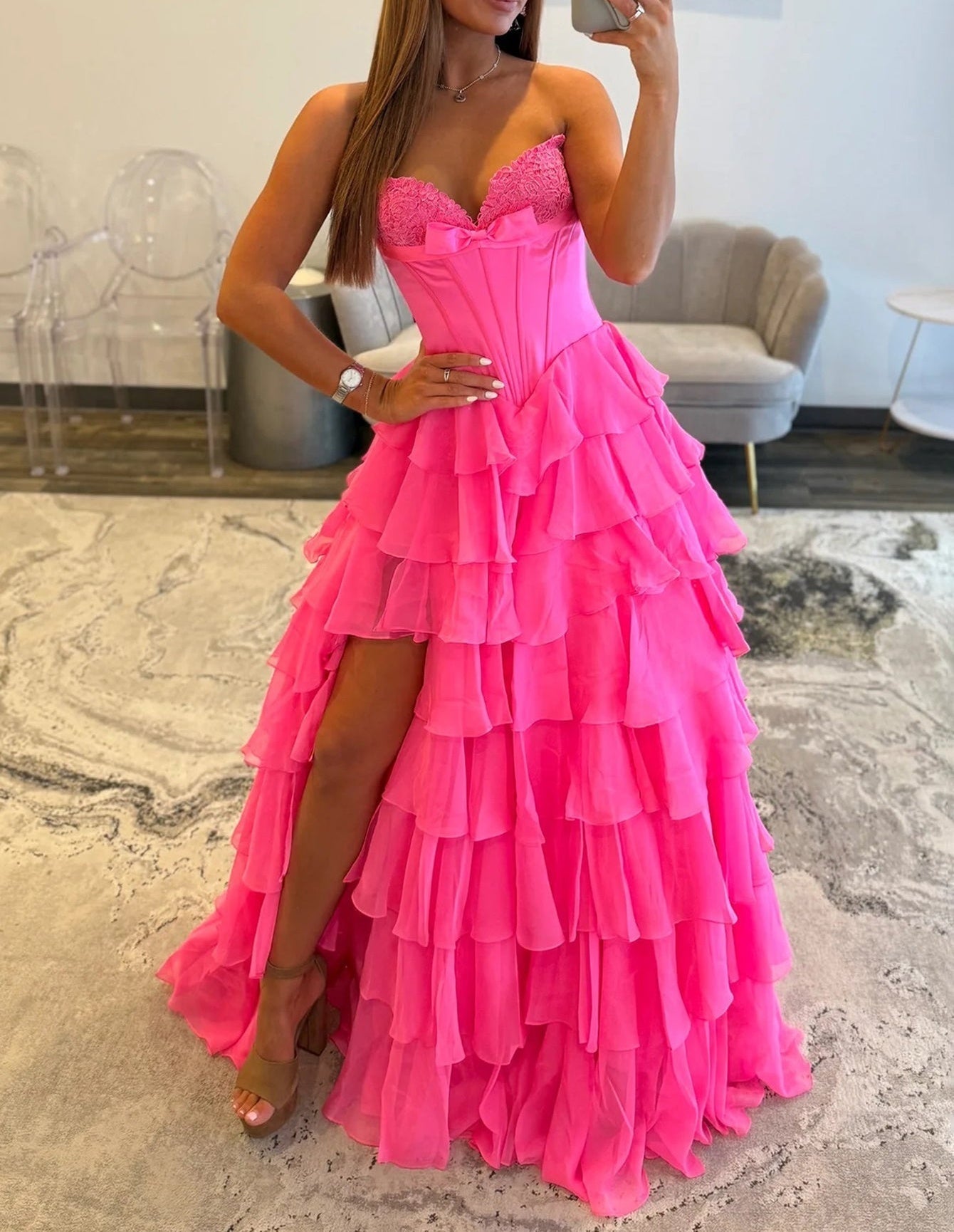 Lace Embroidery Boned Layered Ball Gown Prom Dress - Hot Pink