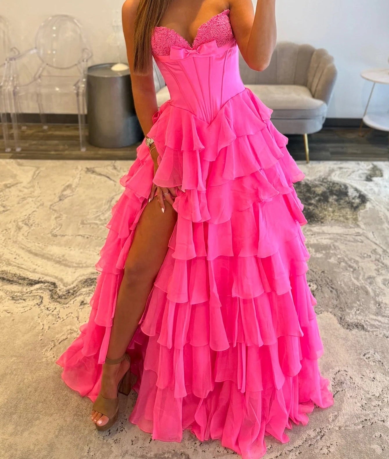 Lace Embroidery Boned Layered Ball Gown Prom Dress - Hot Pink