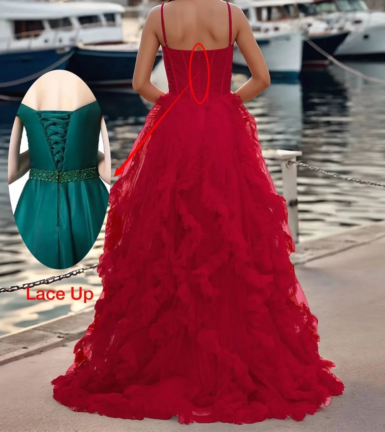Spaghetti Strap V-Neck Ruffle Ball Gown Prom Dress With Slit - Red