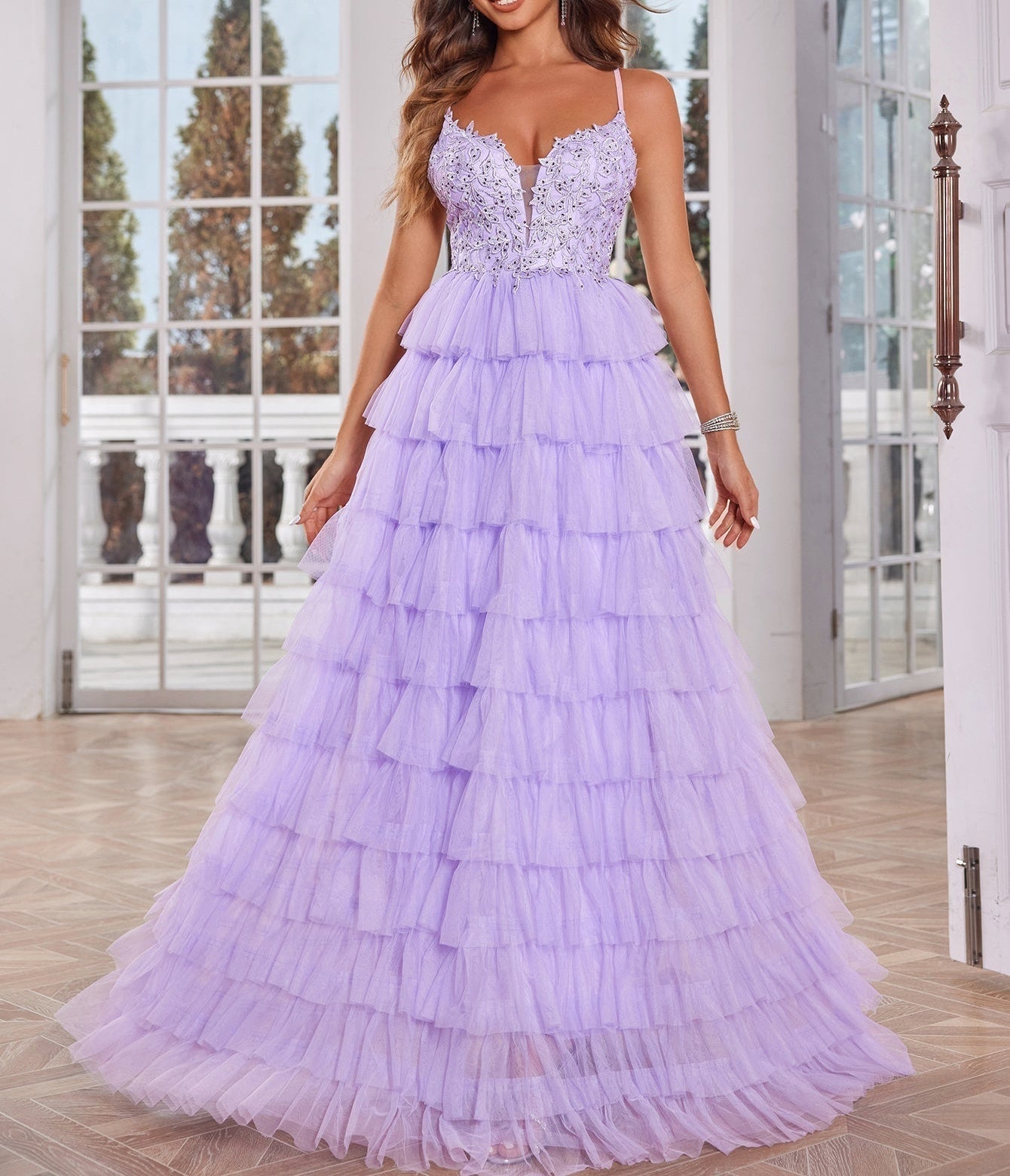 Lace Embroidery Spaghetti Strap Layered Ball Gown Prom Dress - Lilac