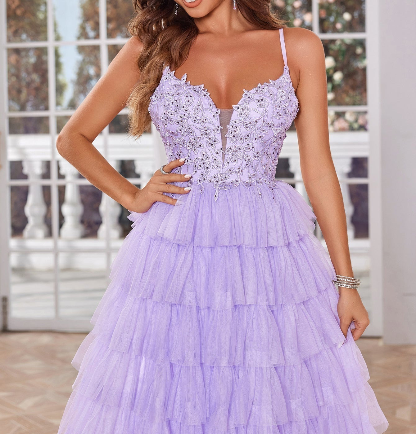 Lace Embroidery Spaghetti Strap Layered Ball Gown Prom Dress - Lilac