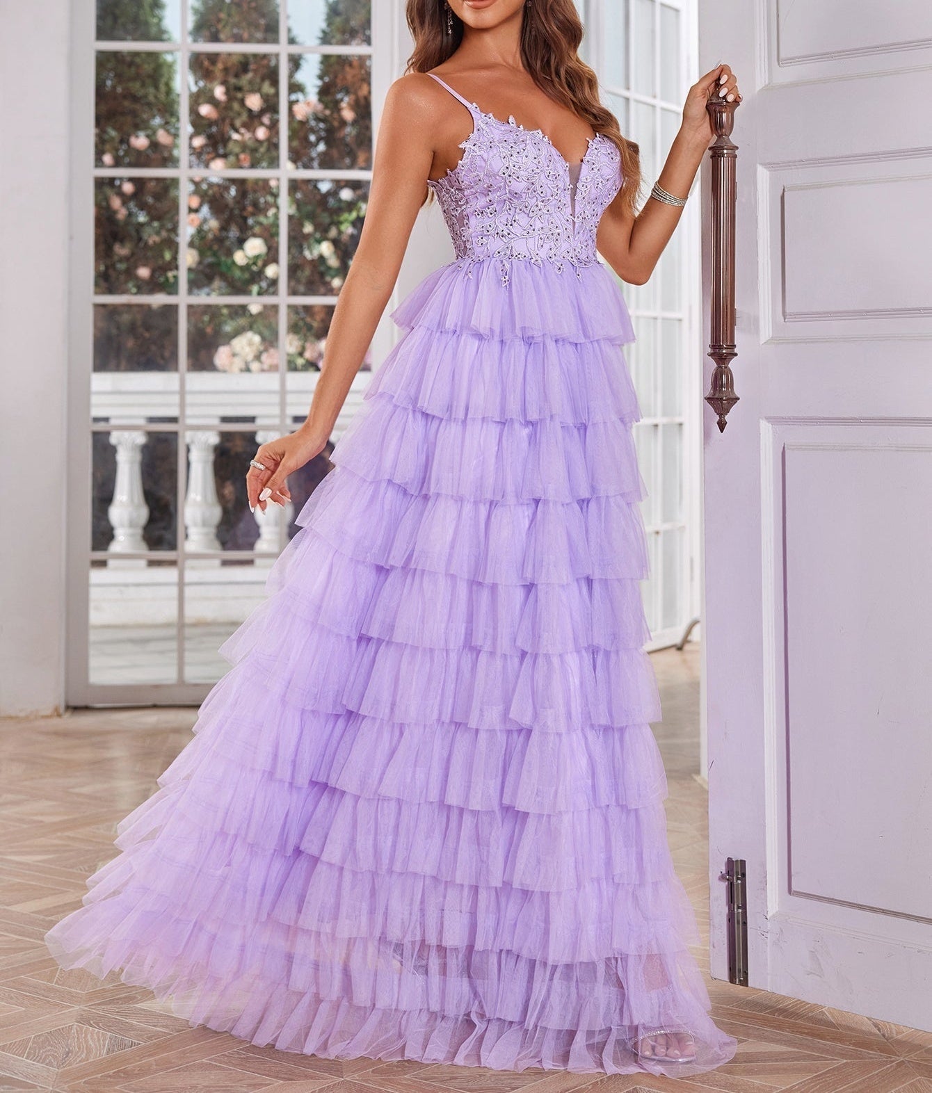 Lace Embroidery Spaghetti Strap Layered Ball Gown Prom Dress - Lilac