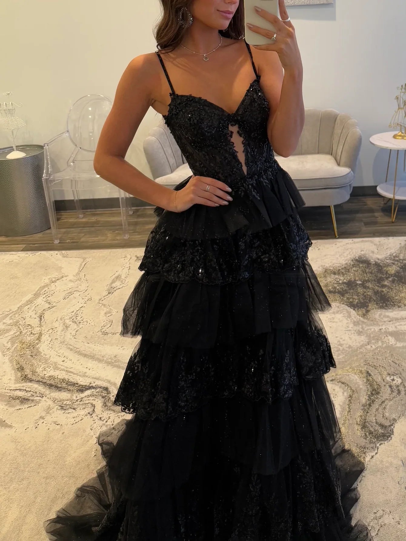 Cut Front Sparkly Lace Embroidery Tiered Ball Gown Prom Dress With Ruf