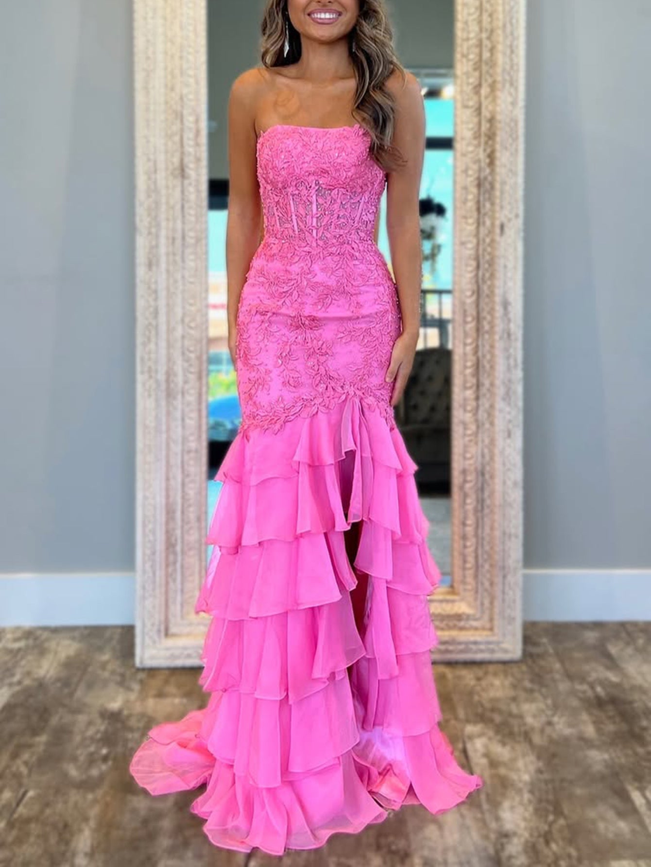 Crystal Lace Embroidery Chiffon Mermaid Prom Dress With Slit - Hot Pink