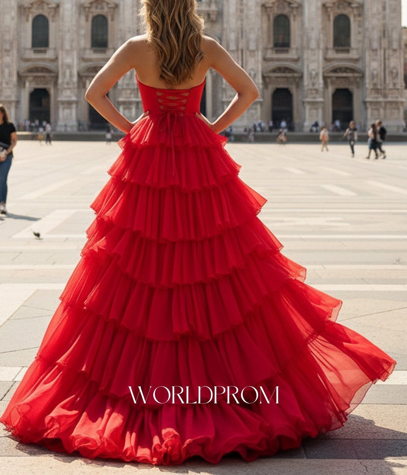 Cut Front Pleated Layered Ruffle Hem Long Prom Dress With Slit - Red