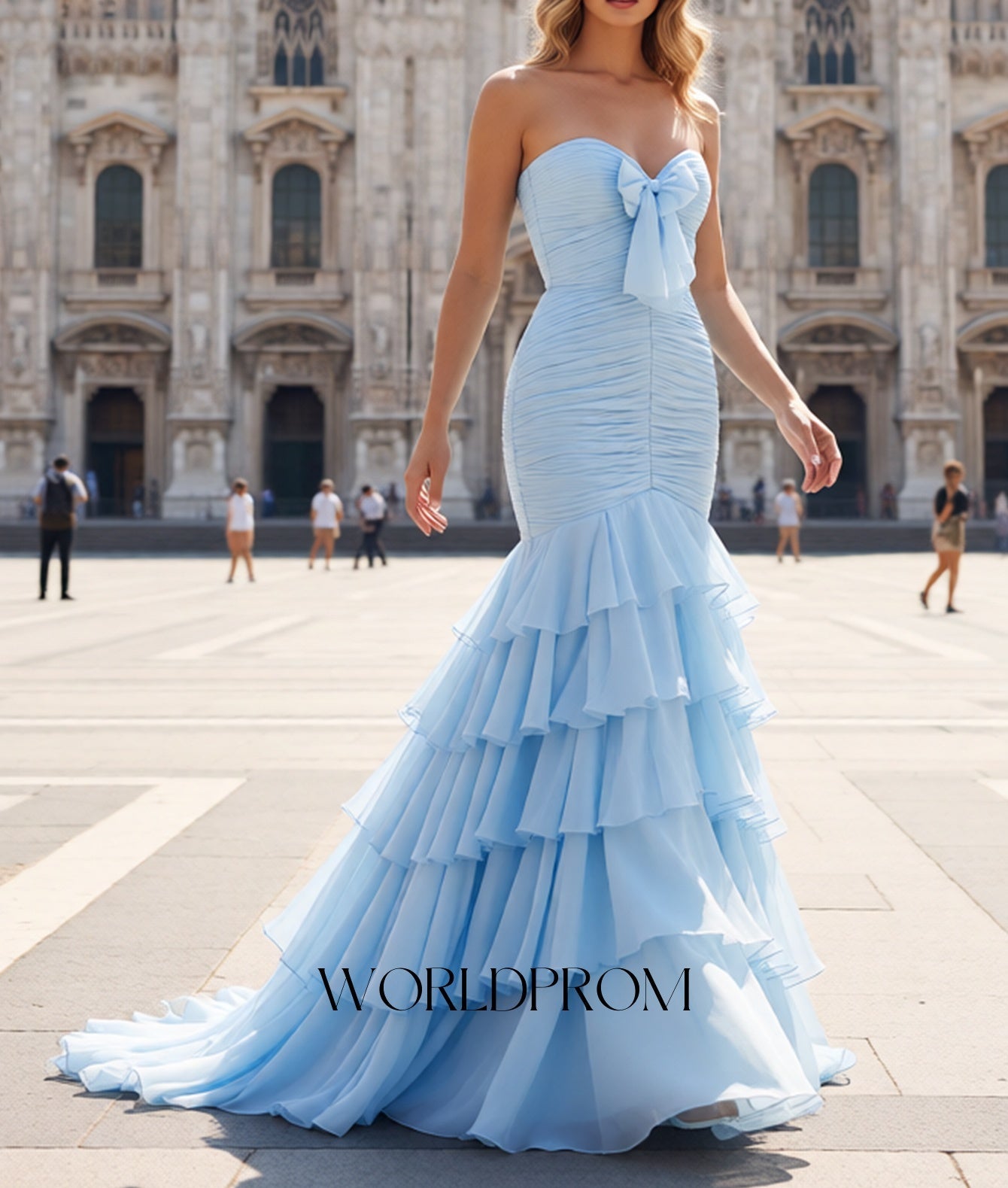 Bow Front Pleated Layered Ruffle Hem Mermaid Long Prom Dress - Baby Blue