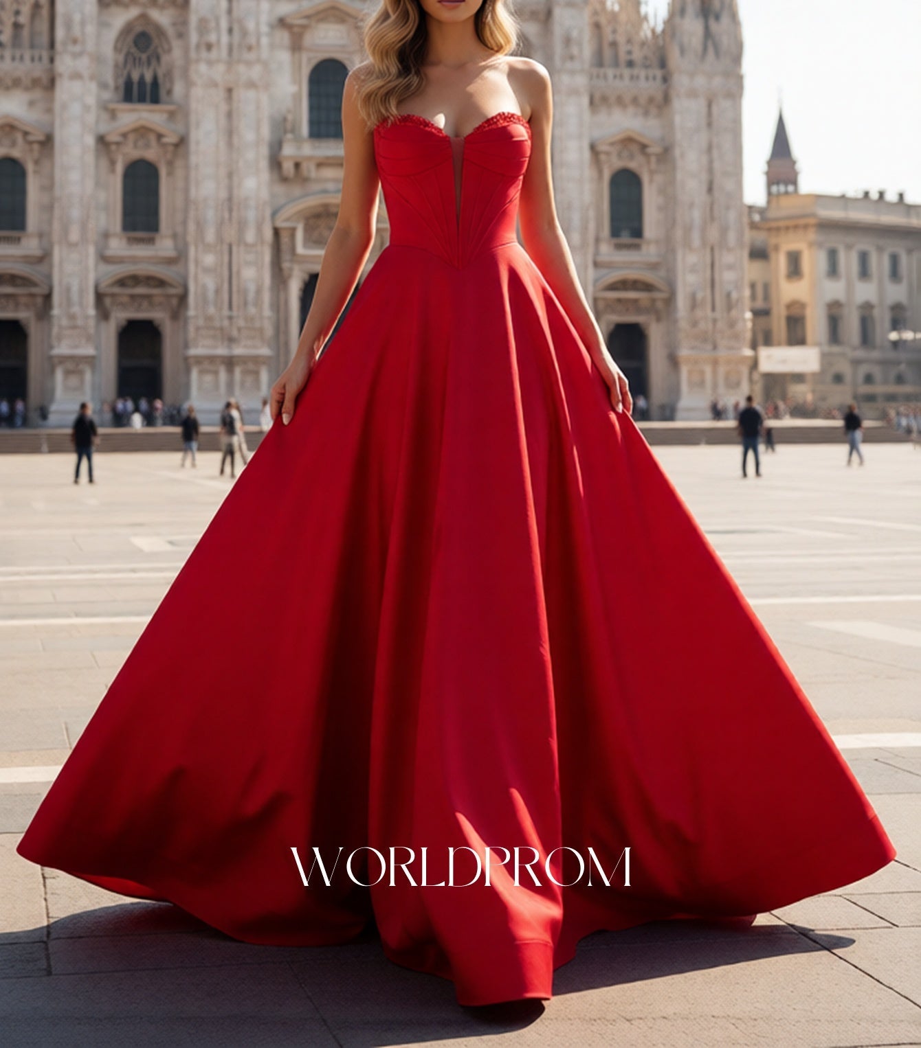 Sparkly Beading Deep V-Neck Illusion Ball Gown Long Prom Dress - Red