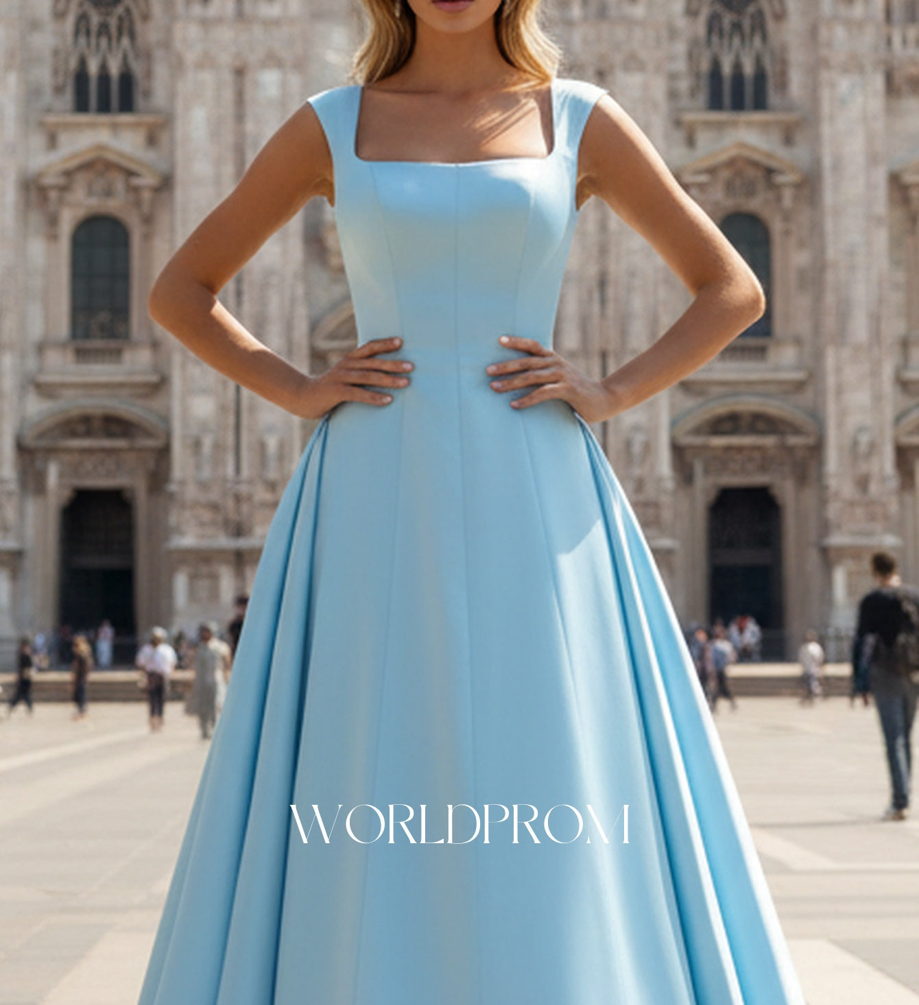 Tank Pleated Corset Lace Up A-Line Long Prom Dress - Sky Blue