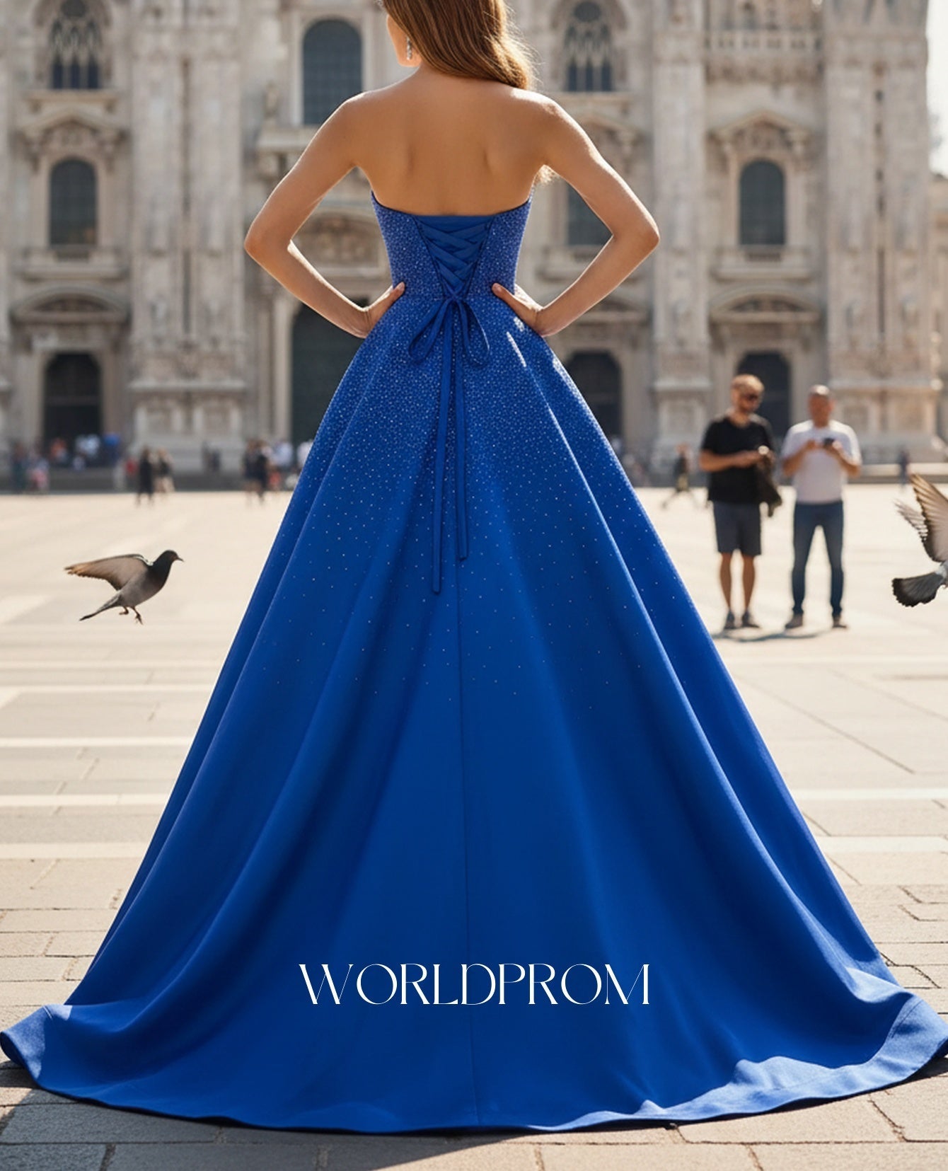 Hot Fix Crystal Corset A-Line Lace Up Long Prom Dress With Slit - Royal Blue