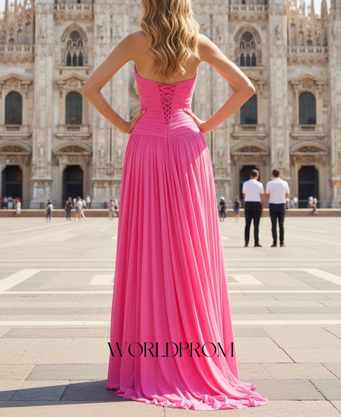Cut Front Pleated A-Line Lace Up Long Prom Dress With Shawl - Hot Pink