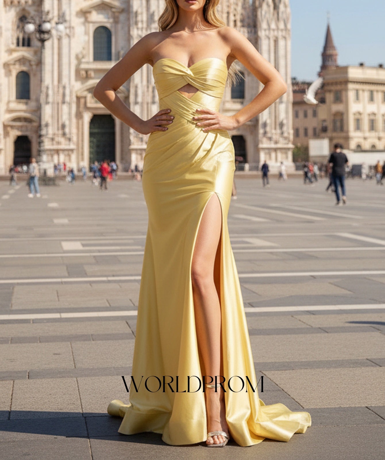 Cut Front Pleated Backless Mermaid Long Prom Dress With Slit - Yellow