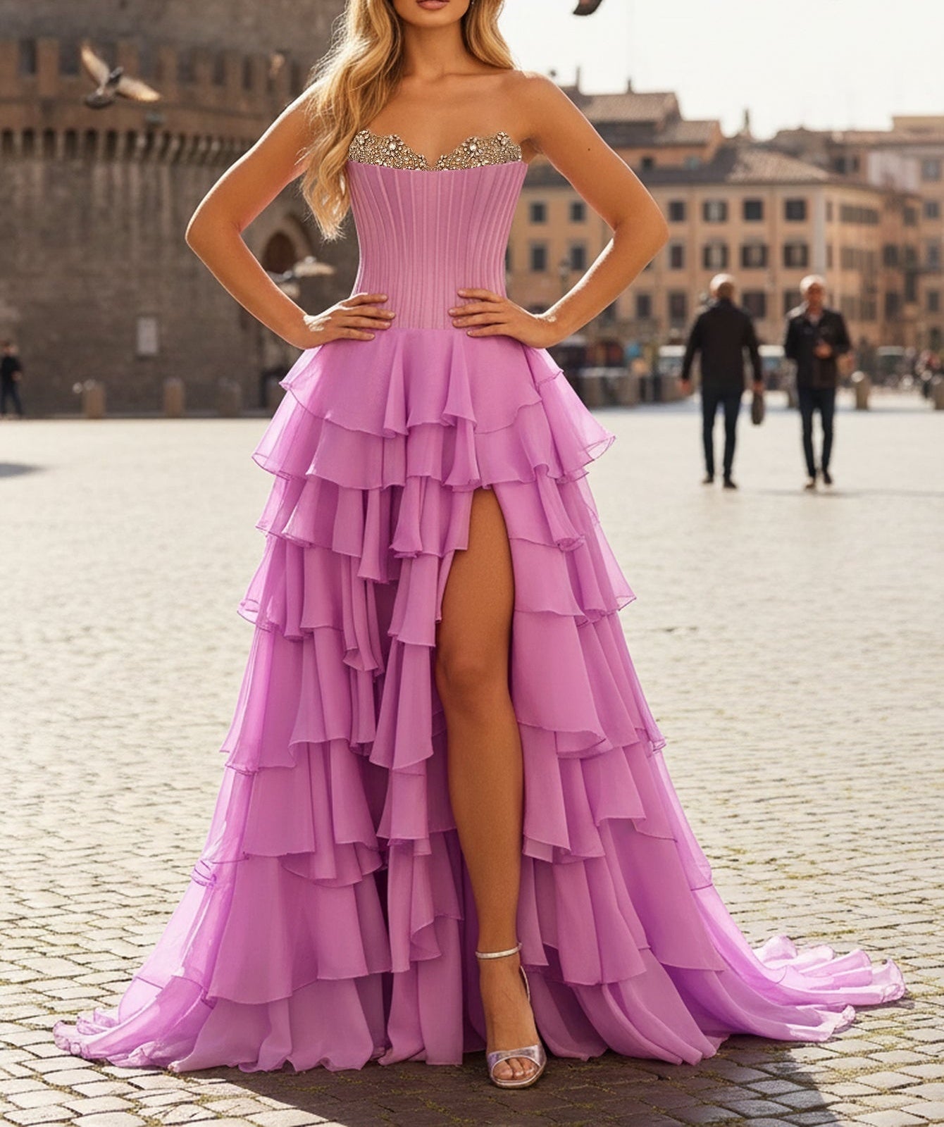 Sparkly Beading Bodice Layered Ruffle Hem Long Prom Dress With Slit - Lilac