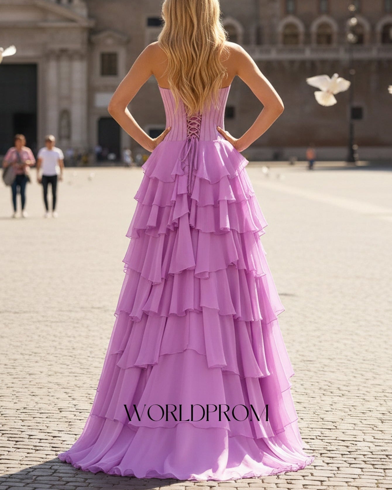 Sparkly Beading Bodice Layered Ruffle Hem Long Prom Dress With Slit - Lilac
