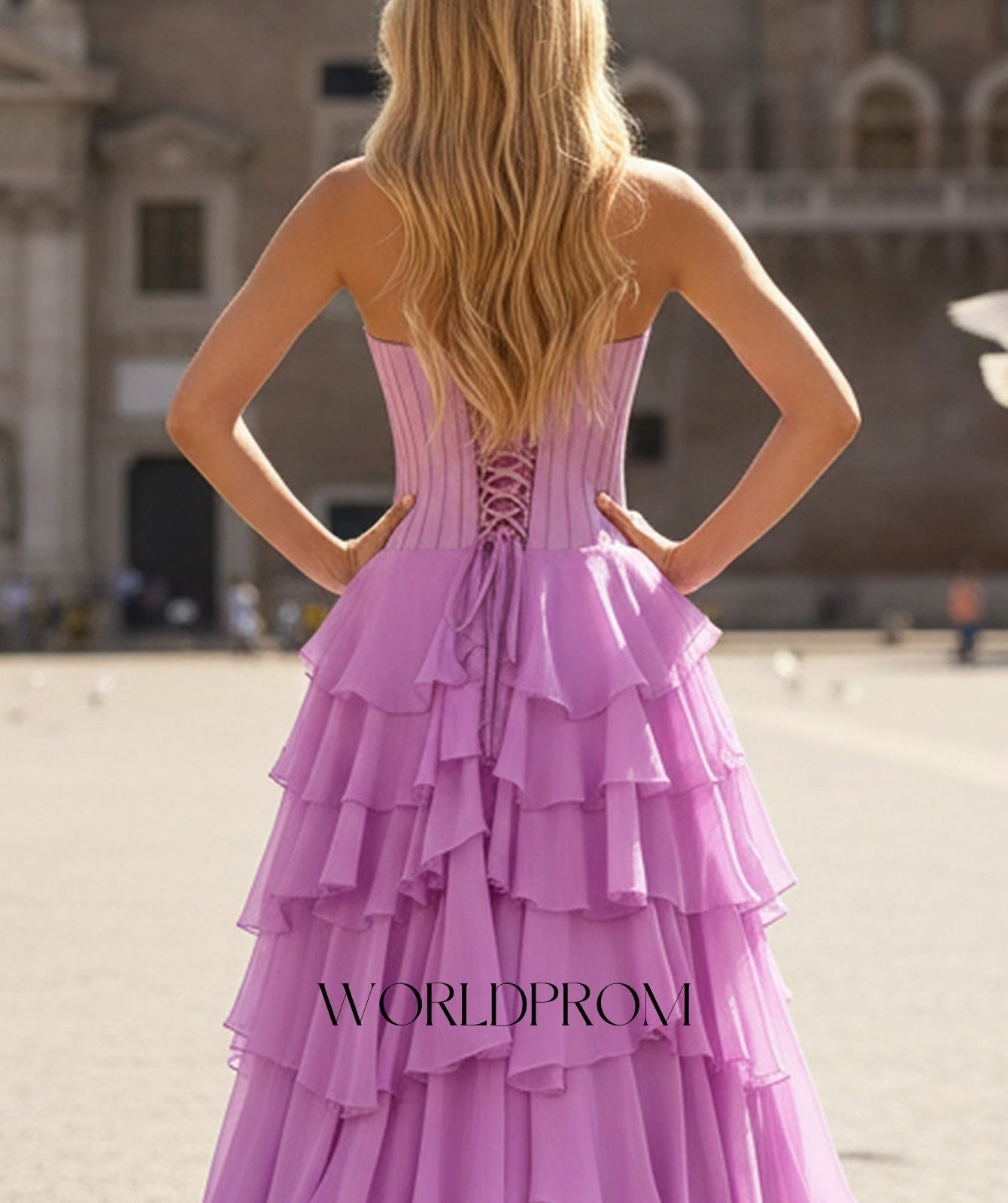 Sparkly Beading Bodice Layered Ruffle Hem Long Prom Dress With Slit - Lilac