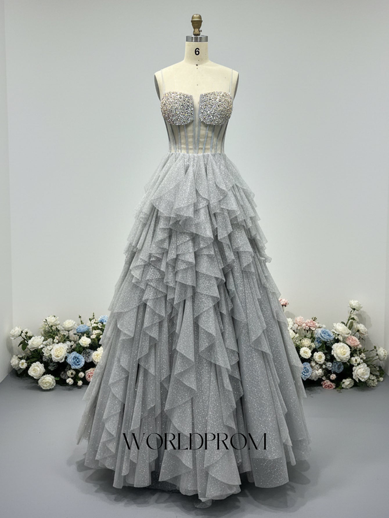 Hot Fix Crystal Spaghetti Shoulder Straps Illusion Layered Ruffle Hem Long Prom Dress - Light Grey